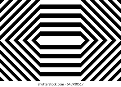 Seamless pattern with black white extended hexagons, diagonal striped lines. Optical illusion effect. Geometric tile in op art style. Vector hypnotic background, texture. Futuristic vibrant design.