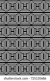 Seamless pattern with black white extended hexagons (rhombuses), straight and diagonal striped lines. Vector futuristic industrial background. Optical illusion effect. Geometric tile in op art style.