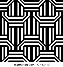 Seamless pattern with black white extended hexagons (rhombuses), straight and diagonal striped lines. Vector futuristic industrial background. Optical illusion effect. Geometric tile in op art style.