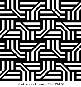 Seamless pattern with black white extended hexagons (rhombuses), straight and diagonal striped lines. Vector futuristic industrial background. Optical illusion effect. Geometric tile in op art style.