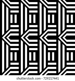 Seamless pattern with black white extended hexagons (rhombuses), straight and diagonal striped lines. Vector futuristic industrial background. Optical illusion effect. Geometric tile in op art style.