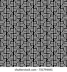 Seamless pattern with black white extended hexagons (rhombuses), straight and diagonal striped lines. Vector futuristic industrial background. Optical illusion effect. Geometric tile in op art style.