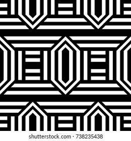 Seamless pattern with black white extended hexagons (rhombuses), straight and diagonal striped lines. Vector futuristic industrial background. Optical illusion effect. Geometric tile in op art style.