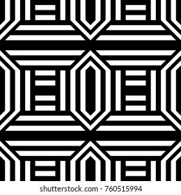 Seamless pattern with black white extended hexagons (rhombuses), straight and diagonal striped lines. Vector futuristic industrial background. Optical illusion effect. Geometric tile in op art style.