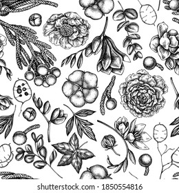 Seamless pattern with black and white ficus, eucalyptus, peony, cotton, freesia, brunia