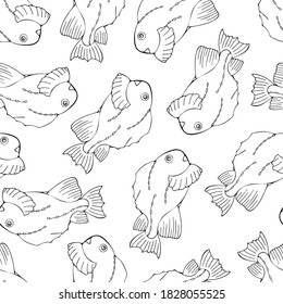 Seamless pattern with black and white fish. Repeat pattern design for print, wallpaper, wrapping paper, cover, textile.