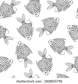 Patrón sin foco con peces blancos y negros. Repetir el diseño de patrón para impresión, papel de pared, papel de envoltura, cubierta, textil.