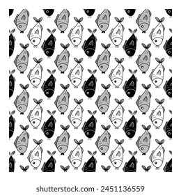 Seamless pattern of black and white fish. Isolated on white background. Pattern for fabric, paper, textiles and much more. Vector illustration.