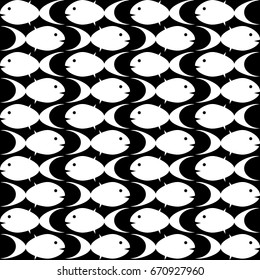 Seamless pattern black and white with fish, sea, fishing