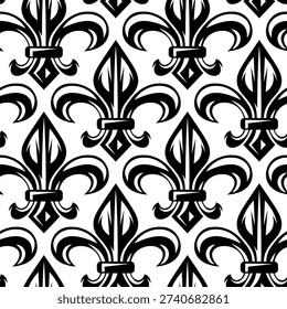 Seamless pattern of black and white fleur-de-lis motifs, elegant and classic decorative background.