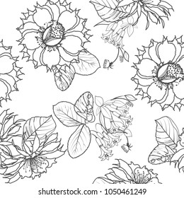 Seamless pattern of black and white floral ornament of exotic flower and tropical leaves for wallpaper background in English style print for textiles.Vector illustration.