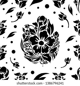 Seamless pattern of black and white floral, drawing vector