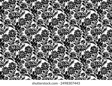Seamless pattern with black and white floral ornament. Flowers hand drawn texture vector illustration.