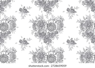 Nahtloses Muster. Schwarz-weißer floraler Hintergrund. Vorlage zum Erstellen von Stoffen, Textilien, Tapeten und Papier. Barocke Pfingstrosen. Herzförmige Blumen. Vintage-Grafiken. Vektor.