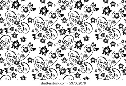 Seamless pattern with black and white  floral elements