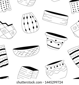 Seamless pattern with black and white flower pots on a white background. Vector print in minimalistic geometric style. Cute Tile Vector Pattern