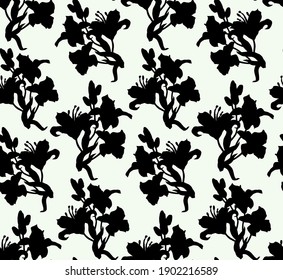 Seamless pattern black and white Flower, Buds and Leaves of Black Lily Flowers drawn by hand in silhouette style with solid fill background. Contemporary Home textile, wallpaper, fabric, package.