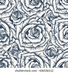 Seamless pattern - black and white flower background with roses. Vector illustration. 