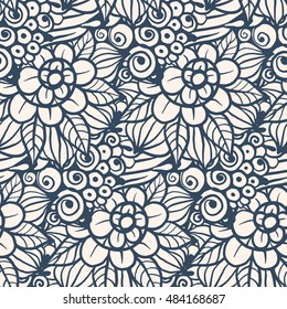 Seamless pattern - black and white flower background in doodle style. Vector illustration. 