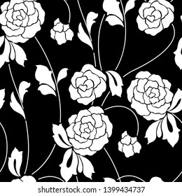 Seamless pattern in black and white with flowers and leaves