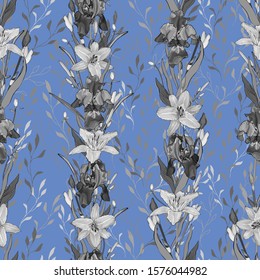 Seamless pattern with black and white flowers irises, lilies, branch, leaves on blue. Hand drawn. Monochrome. For your design, prints, textile. Realistic style. Vector floral stock illustration.