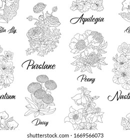 Seamless pattern with black and white flowers. Vector botanical illustration, line art graphic drawing. 