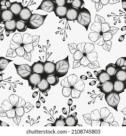 Seamless pattern with black and white flowers, leaves and buds on a white background. Vector illustration.