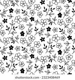 Patrón sin foco de flores negras y blancas con hojas sobre fondo blanco. Impresión floral monocromática