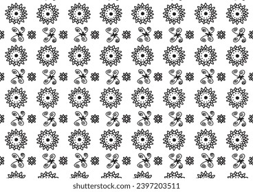 A seamless pattern of black and white flowers and swirls on a white background. The flowers are arranged in a circle, and the swirls are arranged in a circle around the flowers. The pattern is reminis