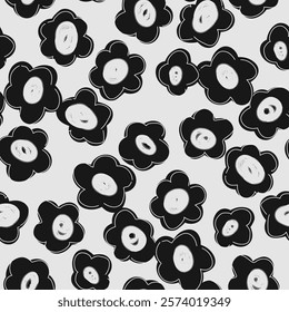 Seamless pattern with black and white flowers. Summer print. Floral background. Fabric design, wallpaper. Naive art, children drawing, cute simple monochrome illustration