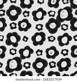 Seamless pattern with black and white flowers. Summer print. Floral background. Fabric design, wallpaper. Naive art, cute simple illustration