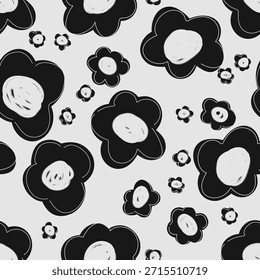 Padrão contínuo com flores em preto e branco. Impressão de verão. Fundo floral. Design de tecido, papel de parede. Arte ingênua, desenho de crianças