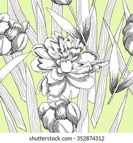 Seamless pattern with  black and white flowers. Vector floral illustration