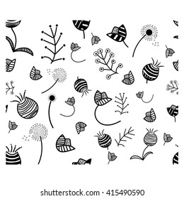 Seamless pattern, black and white flowers. Vector illustration.