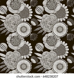 Seamless pattern of black and white flowers.Vector