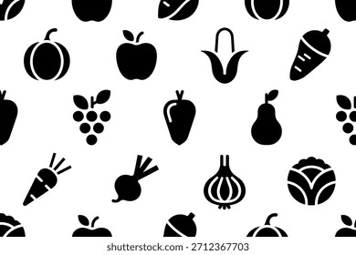 Patrón sin fisuras de siluetas de frutas y verduras en blanco y negro