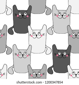 Seamless pattern with black and white Сats. Funny lovely Cats. Brushwork. Hand hatching. Doodle. Can be used for wallpaper, textile, invitation card, wrapping, web page background.