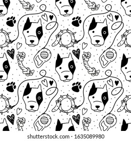 Seamless pattern in black and white with funny dog faces of a pit bull and various items, accessories for dogs-a leash, toys for dogs, a collar.