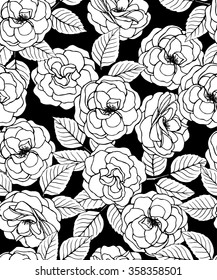 Seamless pattern with black and white garden  roses. 