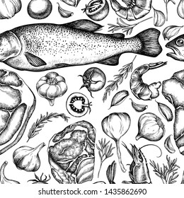 Seamless pattern with black and white garlic, cherry tomatoes, fish, shrimp, beef, rosemary