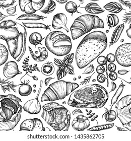 Seamless pattern with black and white garlic, cherry tomatoes, peas, fish, shrimp, cabbage, beef, buns and bread, croissants and bread, basil, rosemary