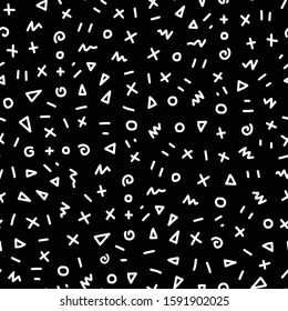 Seamless pattern black and white geometric shapes. Hand drawn vector background monochrome doodle circle triangle scribble. Repeating texture for fabric, packaging banners, surface pattern design