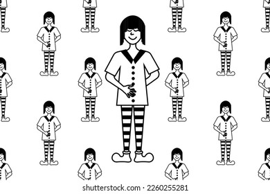 Patrón sin foco con muchacha blanca y negra en un vestido y medias a rayas. Papel de escritorio y papel de cama impreso. Banner de sitio web para tienda de niños. Un fondo interminable con los niños.