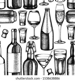 Seamless pattern with black and white glass, champagne, mug of beer, alcohol shot, bottles of beer, bottle of wine, glass of champagne, glass of wine, glass of martini, aluminum can