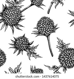 Seamless pattern with black and white globethistle