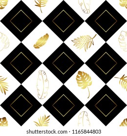 Seamless pattern. Black, white, gold contour diamonds with gold plants inside. A leaf of a monstera, a fern, a banana leaf. Vector illustration. Packaging paper, fabric, textiles, decoration.