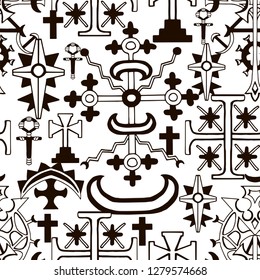 Seamless pattern with black and white gothic crosses on white. Fantasy decorative illustration, vector gothic symbols, occult abstract background