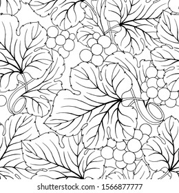 seamless pattern in black and white with grapes and leaves
