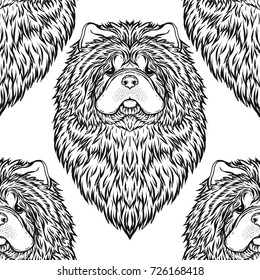 Seamless pattern with black and white graphic drawing of a dog head.