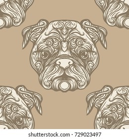 Seamless pattern with black and white graphic drawing of a dog head.